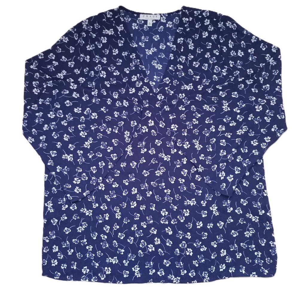 CHAUS Women's Blue White Floral Blouse Tunic Top 3/4 Sleeves Ruffles V- Neck L